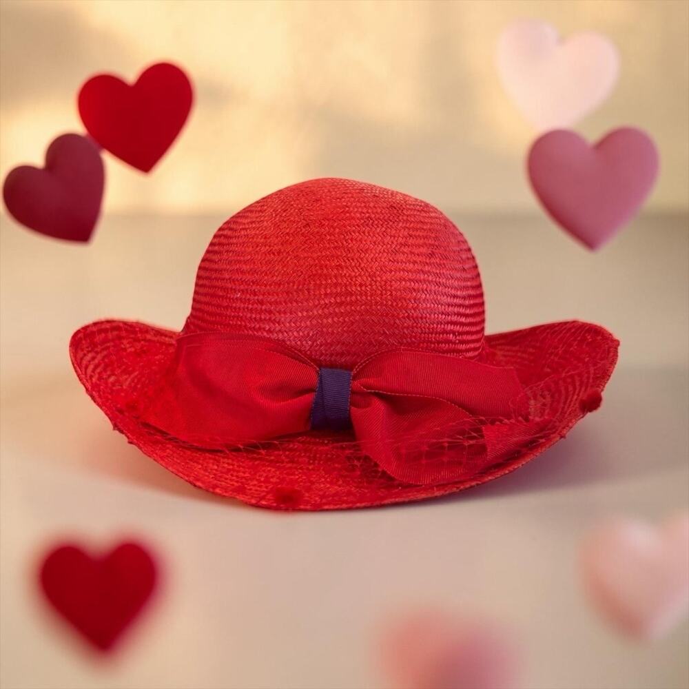 Red Straw Cloche Hat Bow Birdcage Veil Retro Bombshell Gorgi USA Vintage
